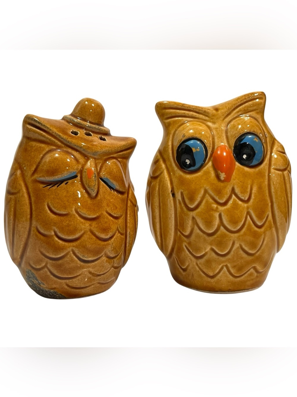 Vintage 1970s Ceramic Owl Salt and Pepper Shakers - Rustic Mid-Century Modern
